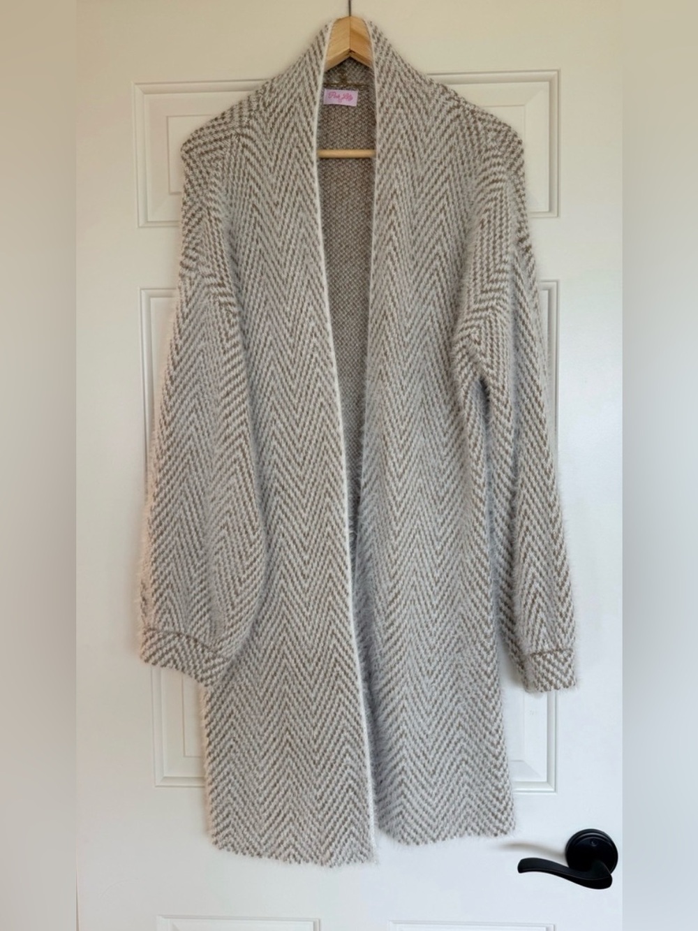 Pink Lily Cozy Open-Front Long Cardigan Sweater in Light Brown S